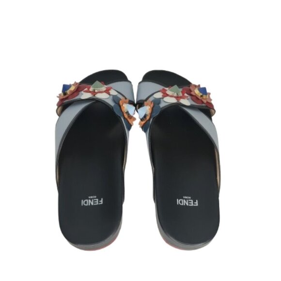 Fendi Flowerland Leather Crisscross Slides Sandals - Picture 4 of 8